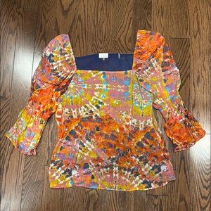 Ecru Orange Pink Blouse with Graphic Ruched Sleeves